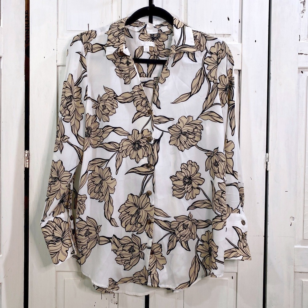14th & Union‎ Floral Button-Down Long Sleeve Women's Med Neutral Boho Work Wear